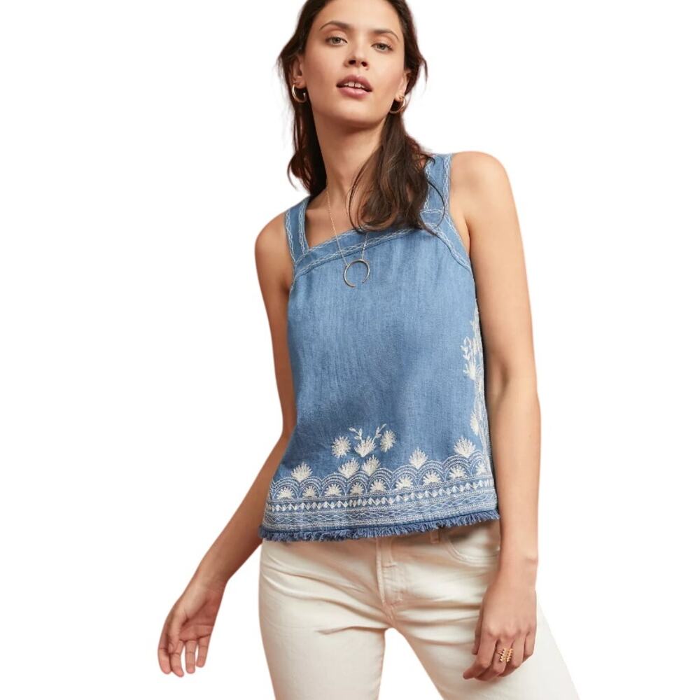 Meadow Rue Anthropologie Blue Embroidered Denim Halter Top Size XL Boho Cottage